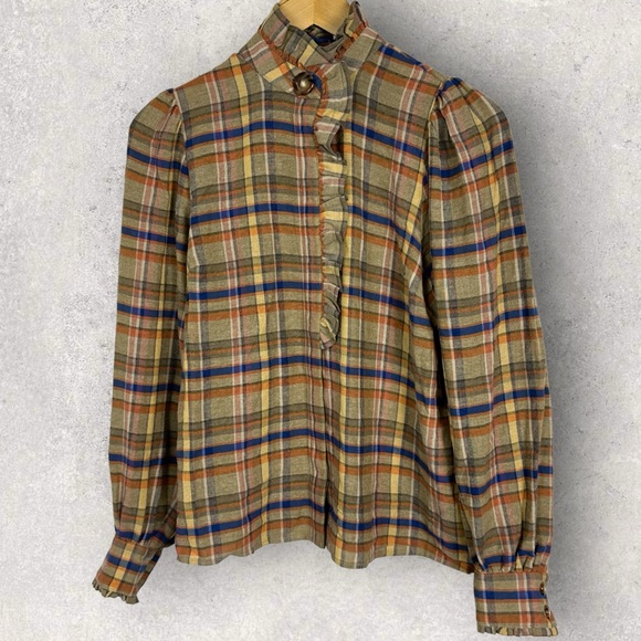 Sezane Coline Shirt Folk Check Print Size 34 French US 2 Western Ruffle Plaid - Picture 15 of 16